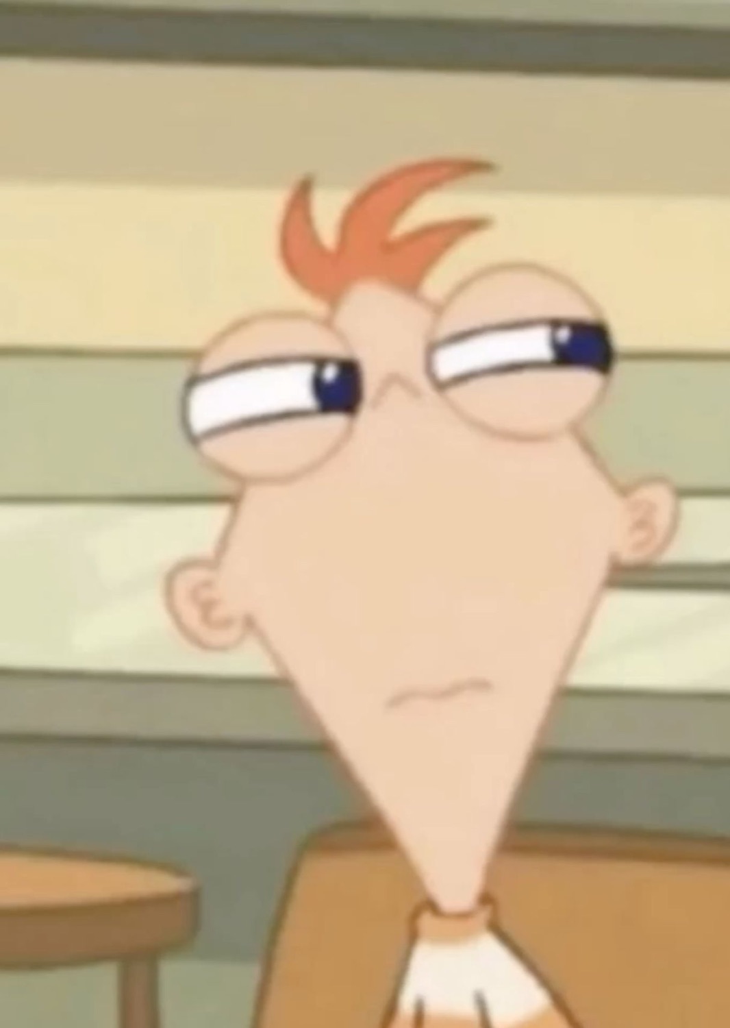 Phineas from Phineas and Ferb staring forward with maximum bored disinterest