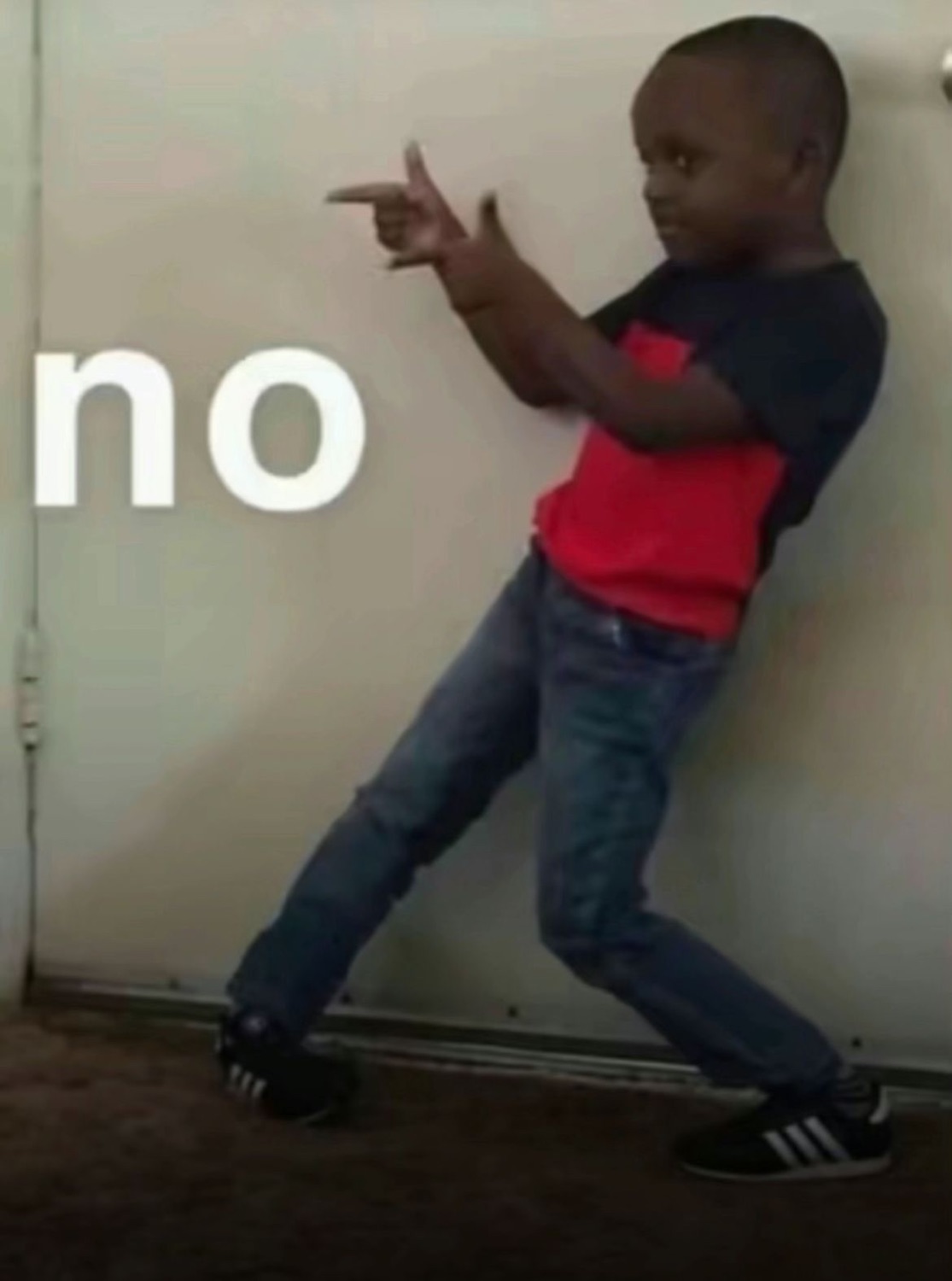 Kid leaning back and pointing finger guns: 'no'