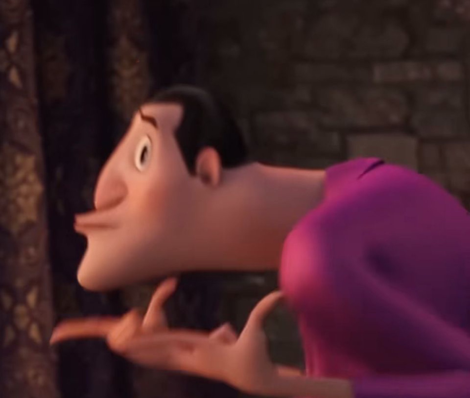 Animated man in a pink shirt leaning in with a smug little smirk and a limp hand