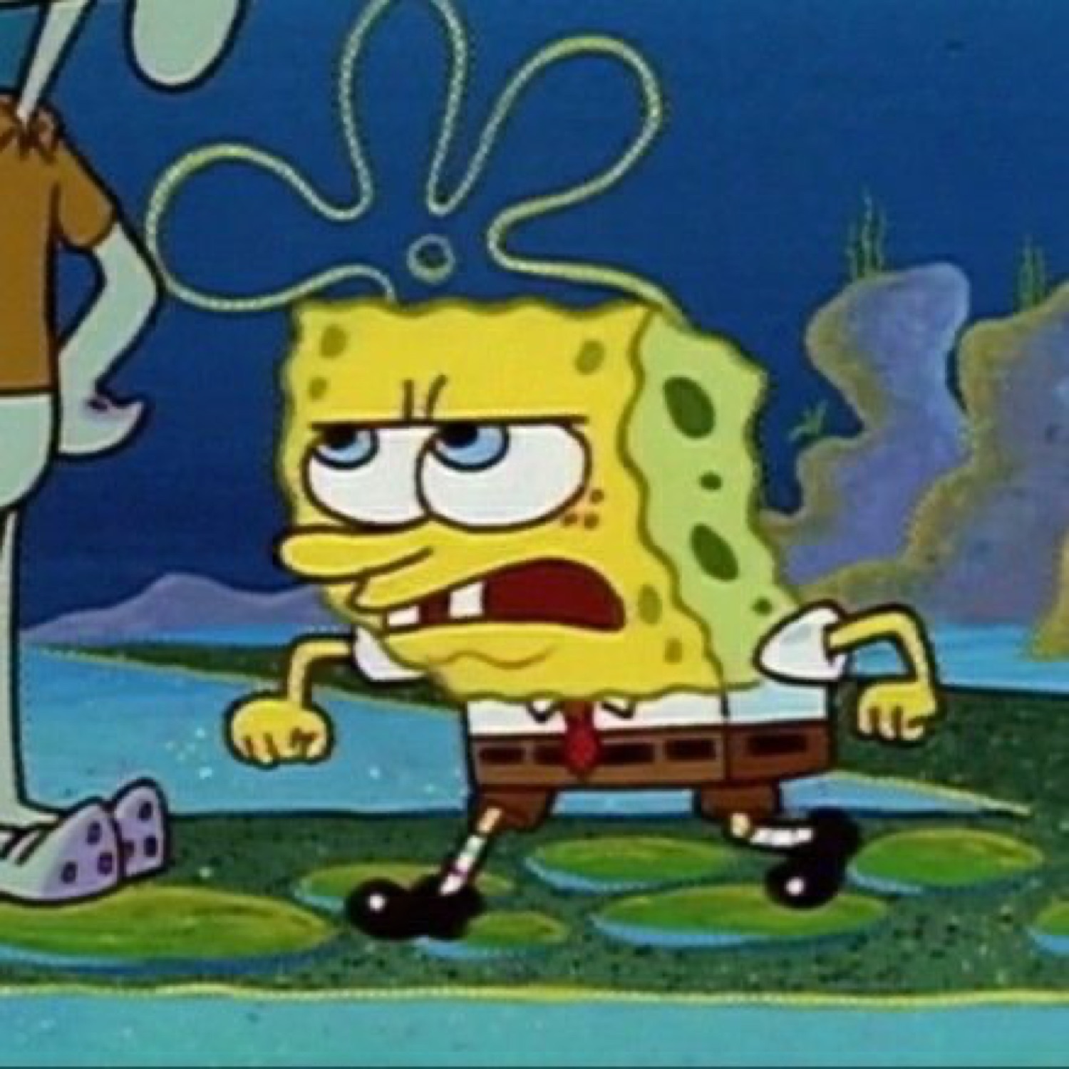 SpongeBob trudging along looking grumpy and fed up with a question-mark squiggle above his head
