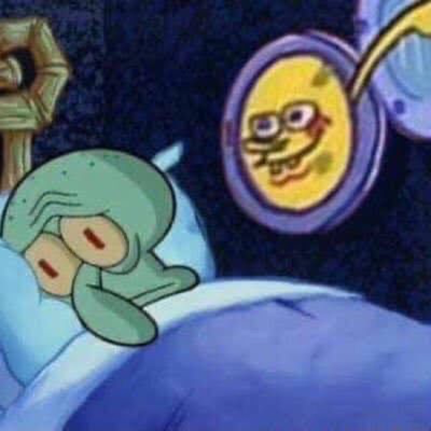 Squidward lying awake in bed while a grinning SpongeBob moon glows in the window