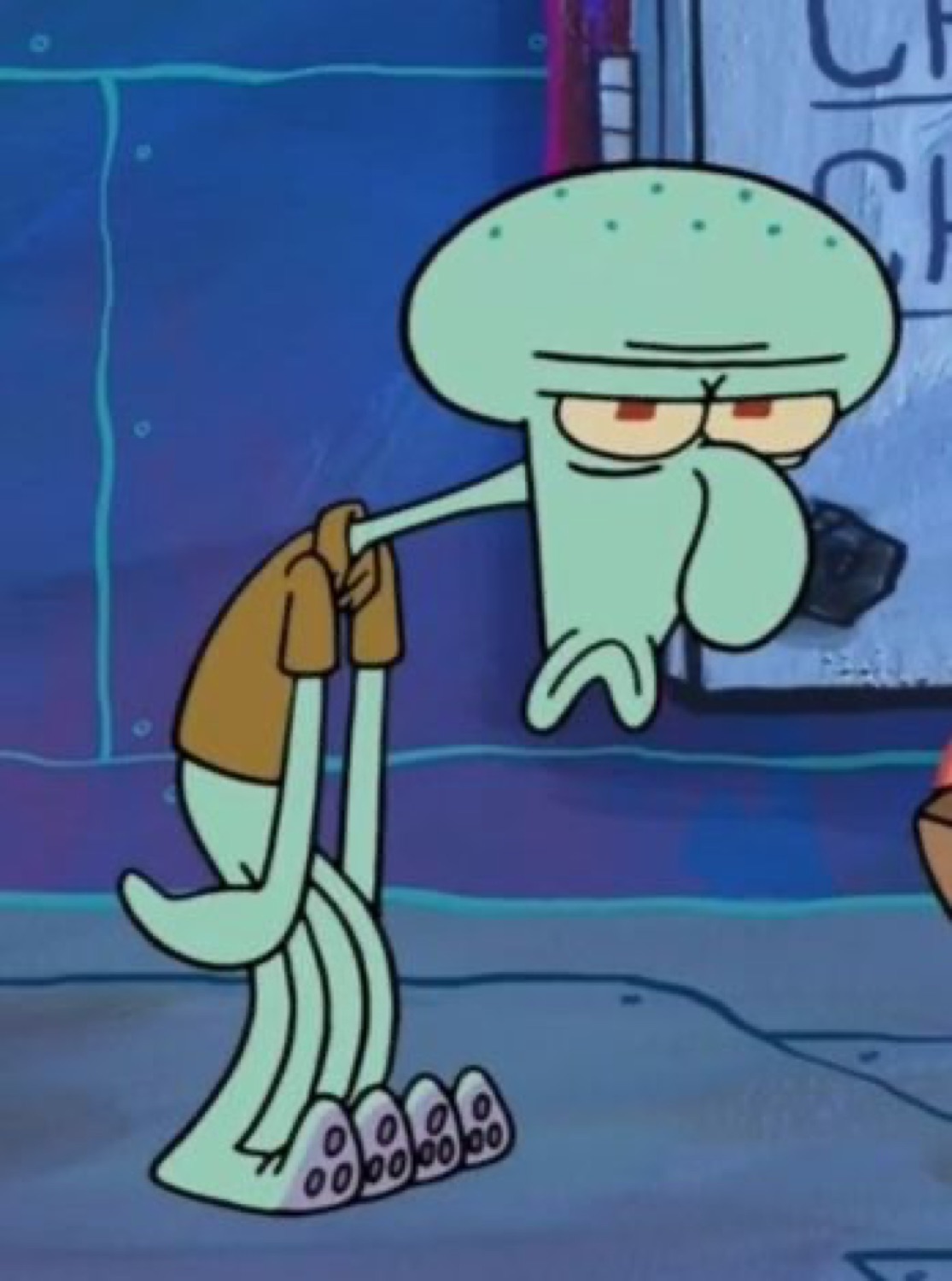 Squidward dangling a limp pair of pants with a totally over-it, half-lidded stare