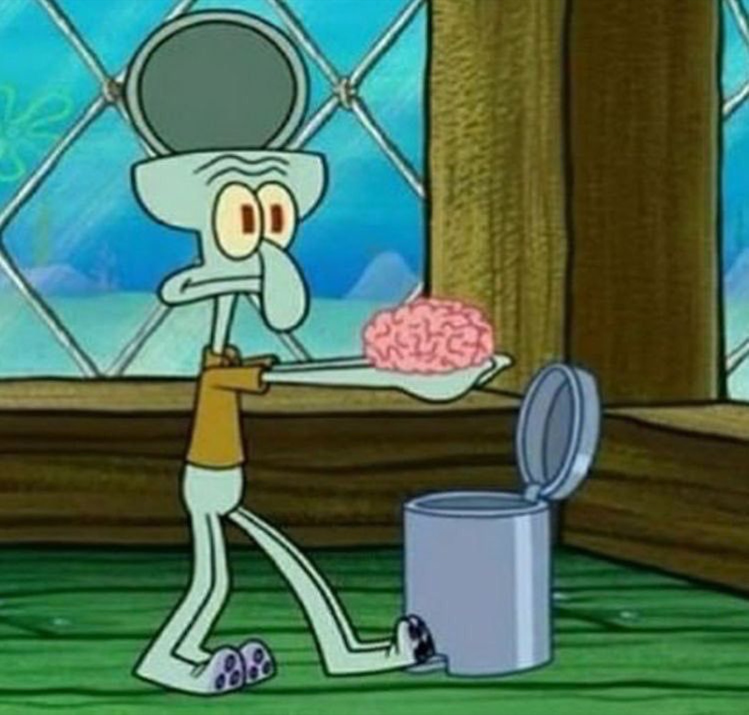 Squidward glumly carrying a spoonful of brain toward an open trash can