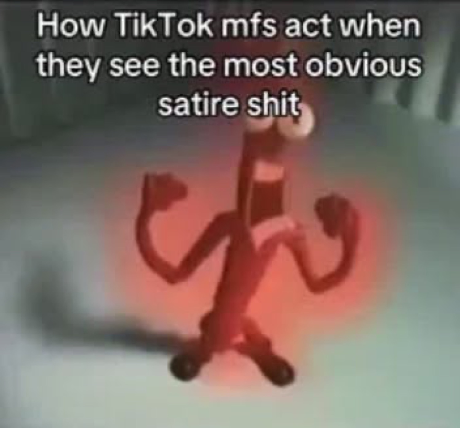 Flailing red cartoon character glowing with fury — 'How TikTok mfs act when they see the most obvious satire shit'