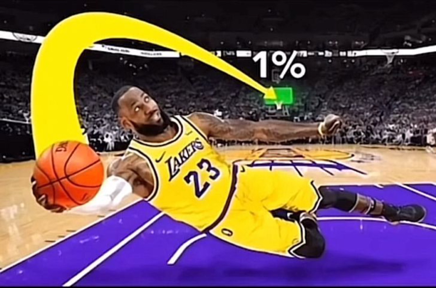 LeBron James sprawled on the court with a yellow arrow pointing to a 1% battery indicator