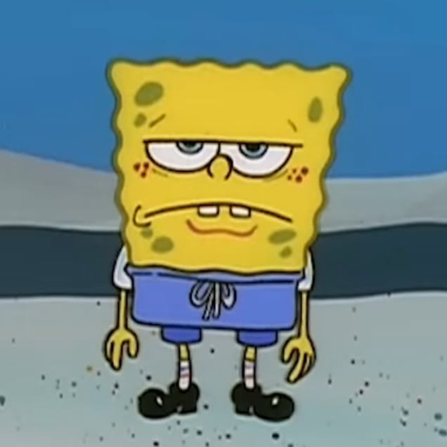 Beaten-up SpongeBob standing with heavy-lidded eyes and a grim expression, over it all