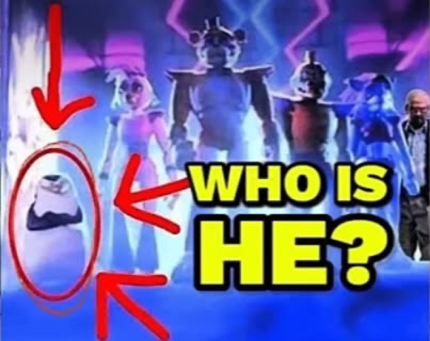 FNAF lineup with a circled character: 'WHO IS HE?'