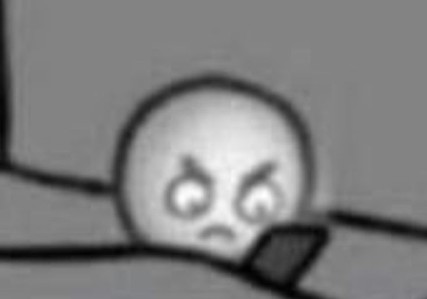 Stick figure peeking over a ledge with furious scrunched eyes and a scowl