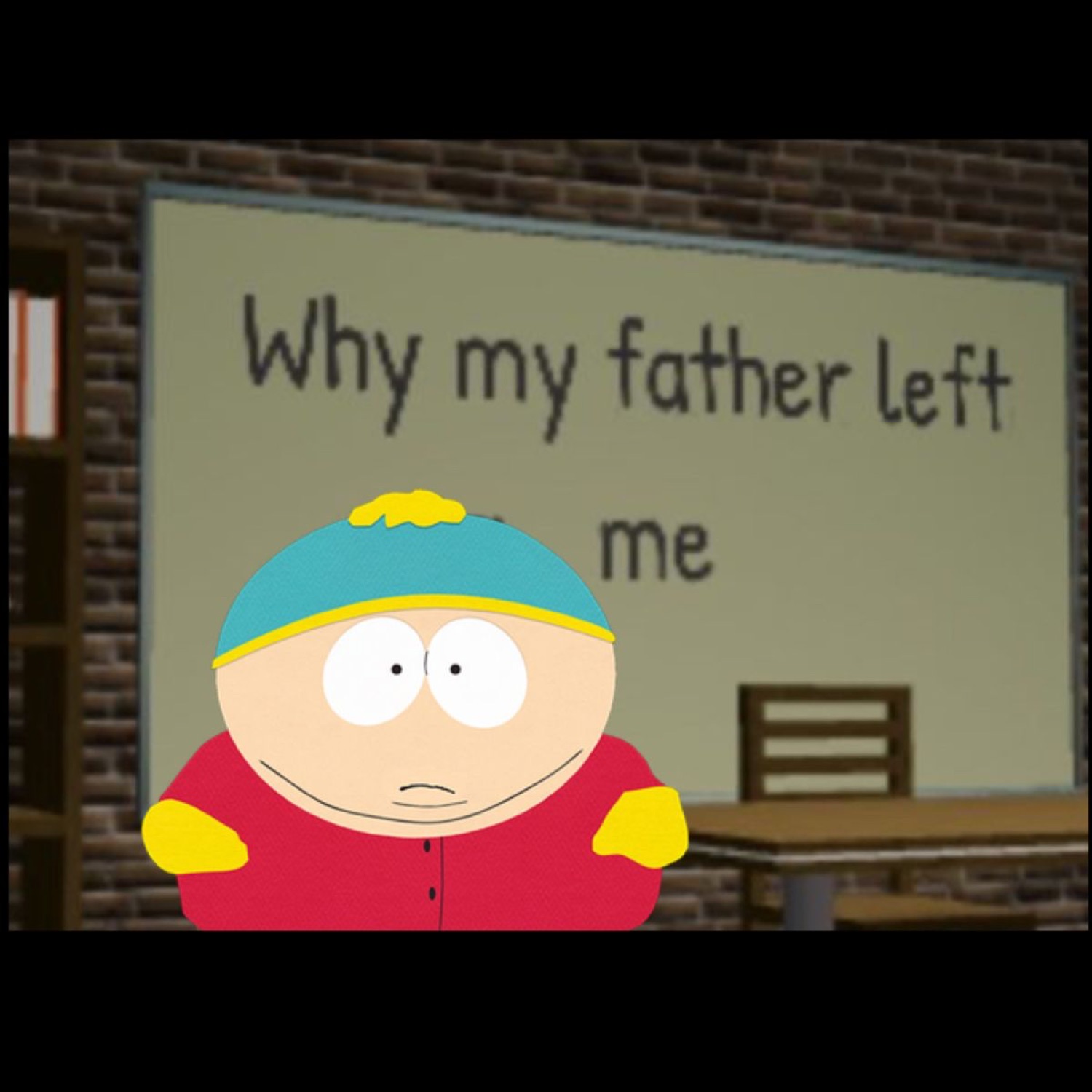 Cartman from South Park standing blankly in front of a chalkboard reading 'Why my father left me'