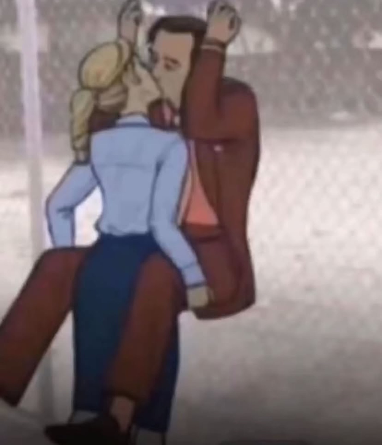 Cartoon couple in a tight kiss, the woman's leg kicked up