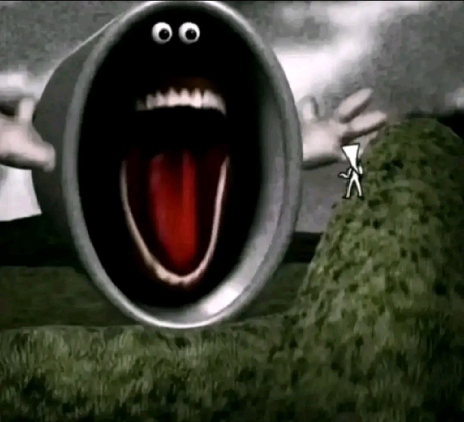 Googly-eyed trash-can creature screaming with its mouth stretched wide open