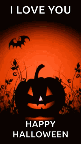 Jack-o-lantern silhouette with changing colors, "I love you, Happy Halloween"