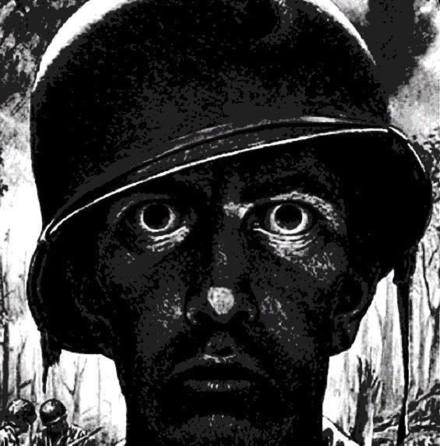 High-contrast comic of a wide-eyed soldier with a shell-shocked thousand-yard stare