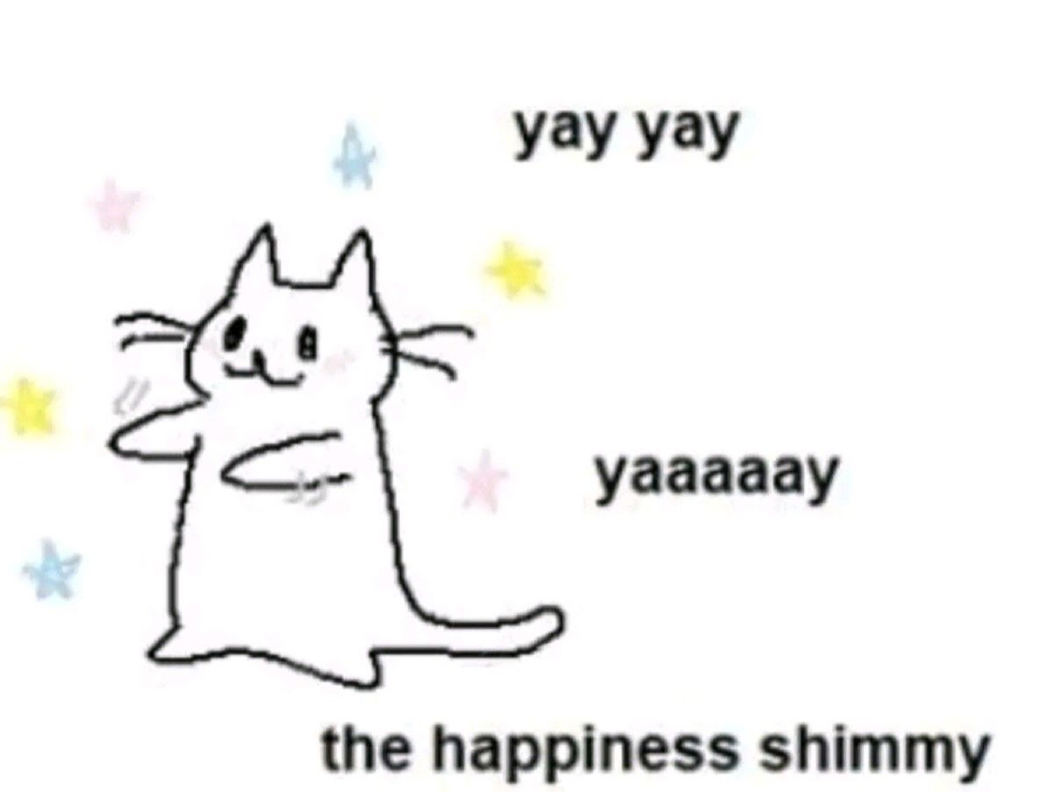 Doodle cat doing the happiness shimmy surrounded by colorful stars