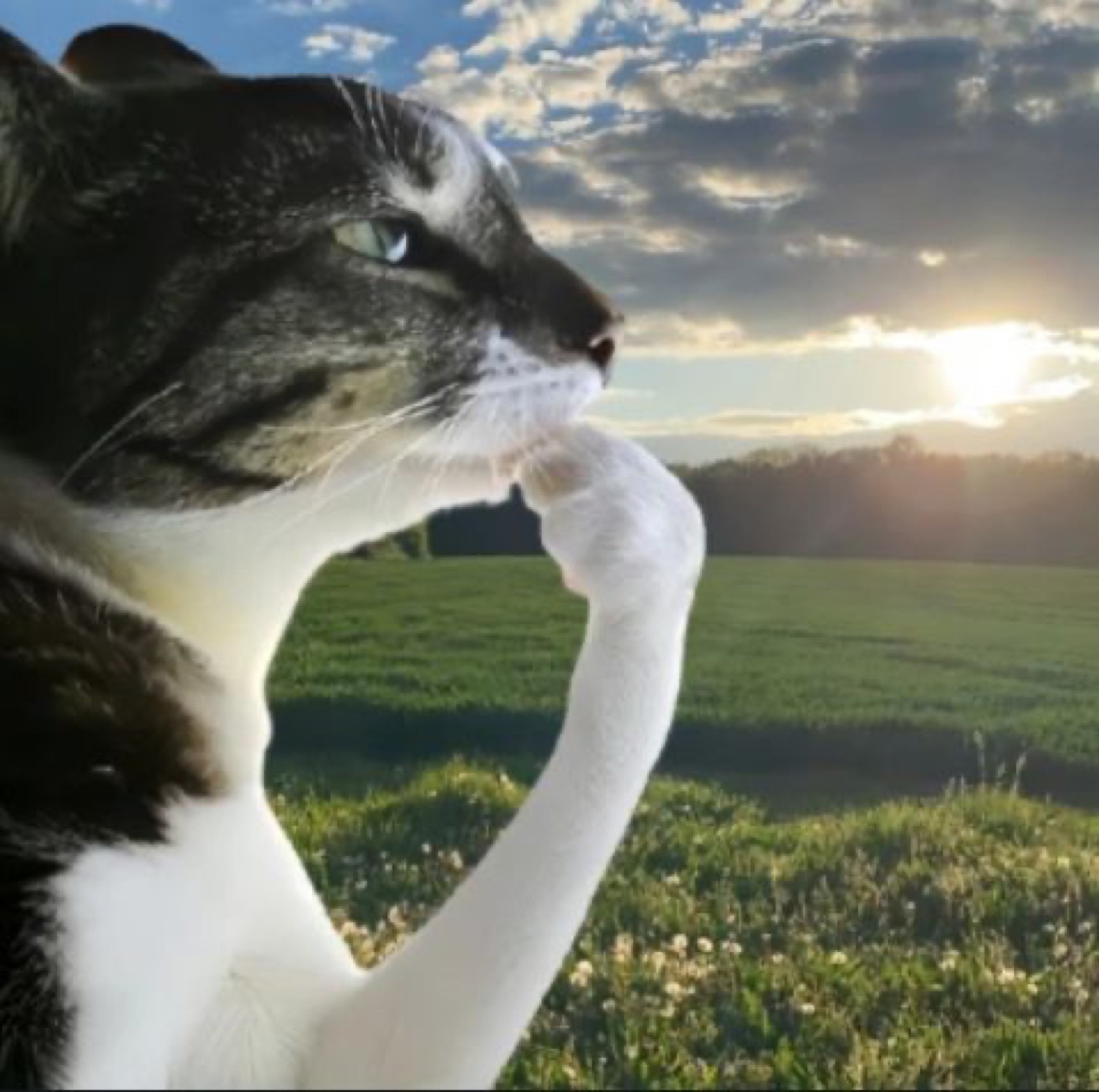 Tabby cat gazing into a sunset field with a paw raised, deep in thought