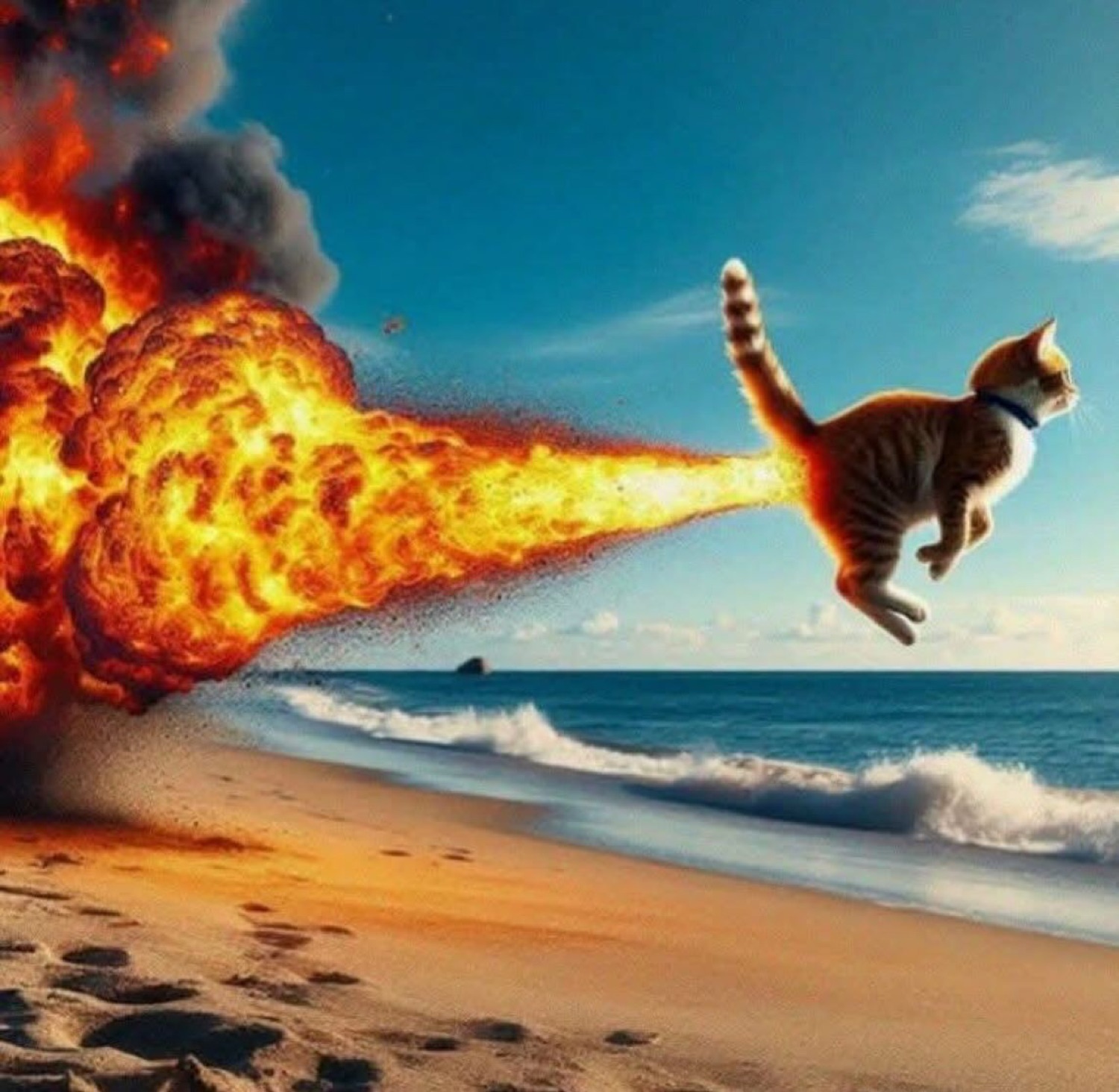 Orange cat rocketing over a beach on a giant fireball blast
