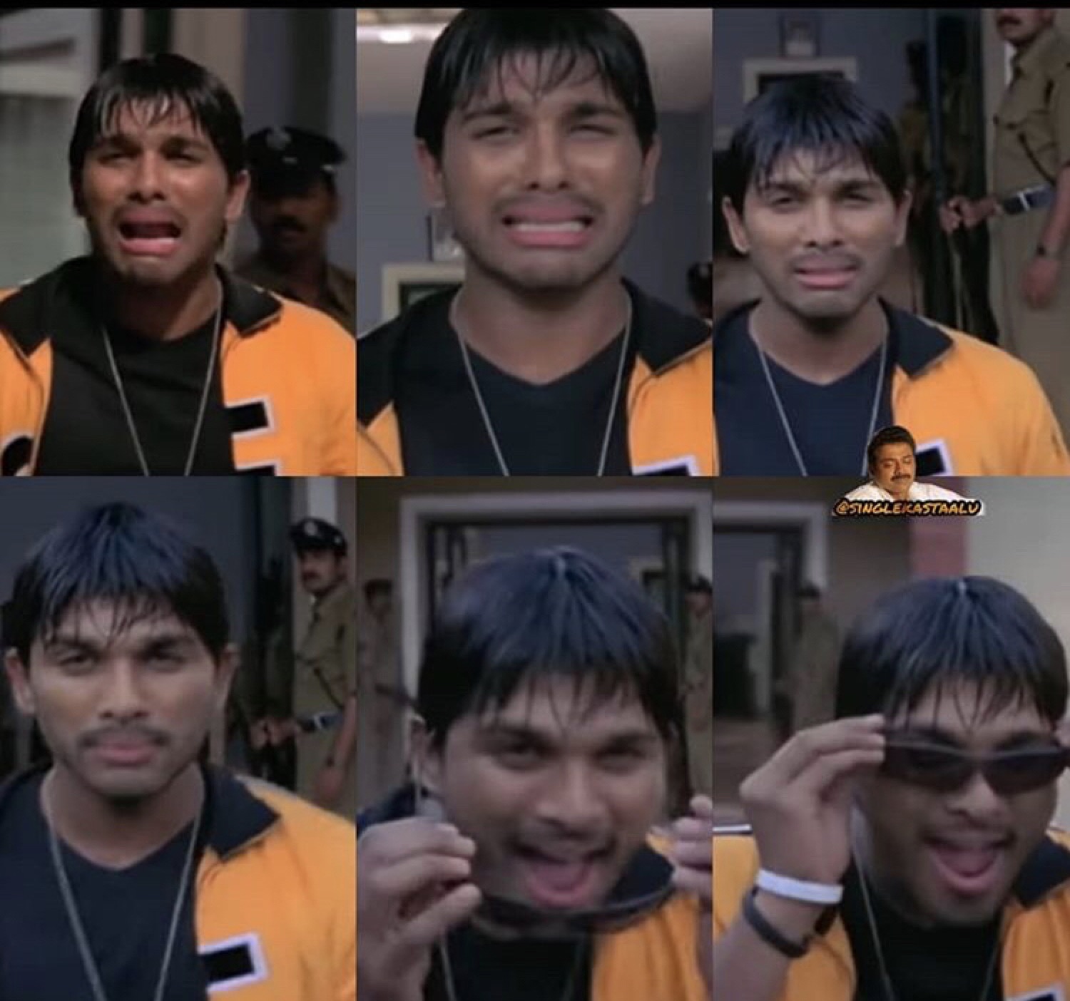 Allu Arjun grid of six panels going from crying to grinning in sunglasses