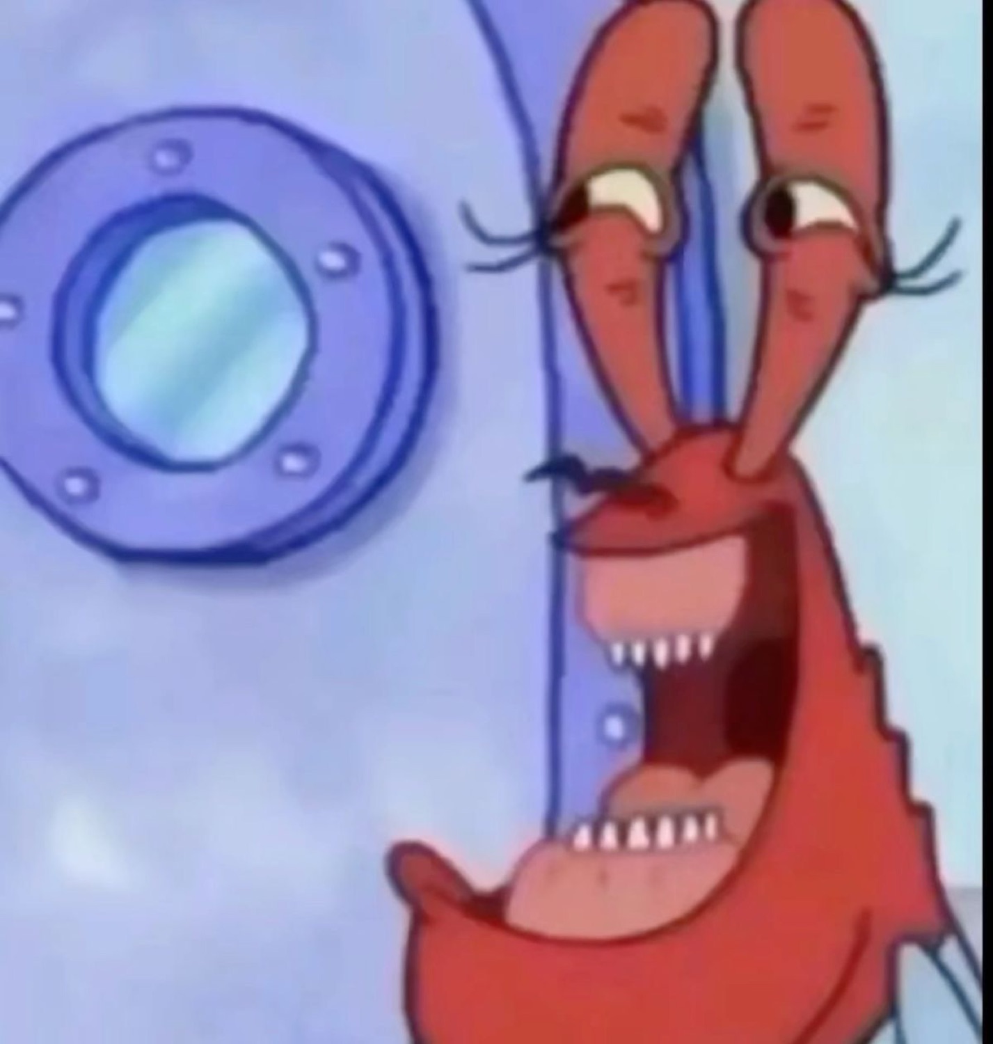 Mr. Krabs with his mouth wide open, laughing hysterically