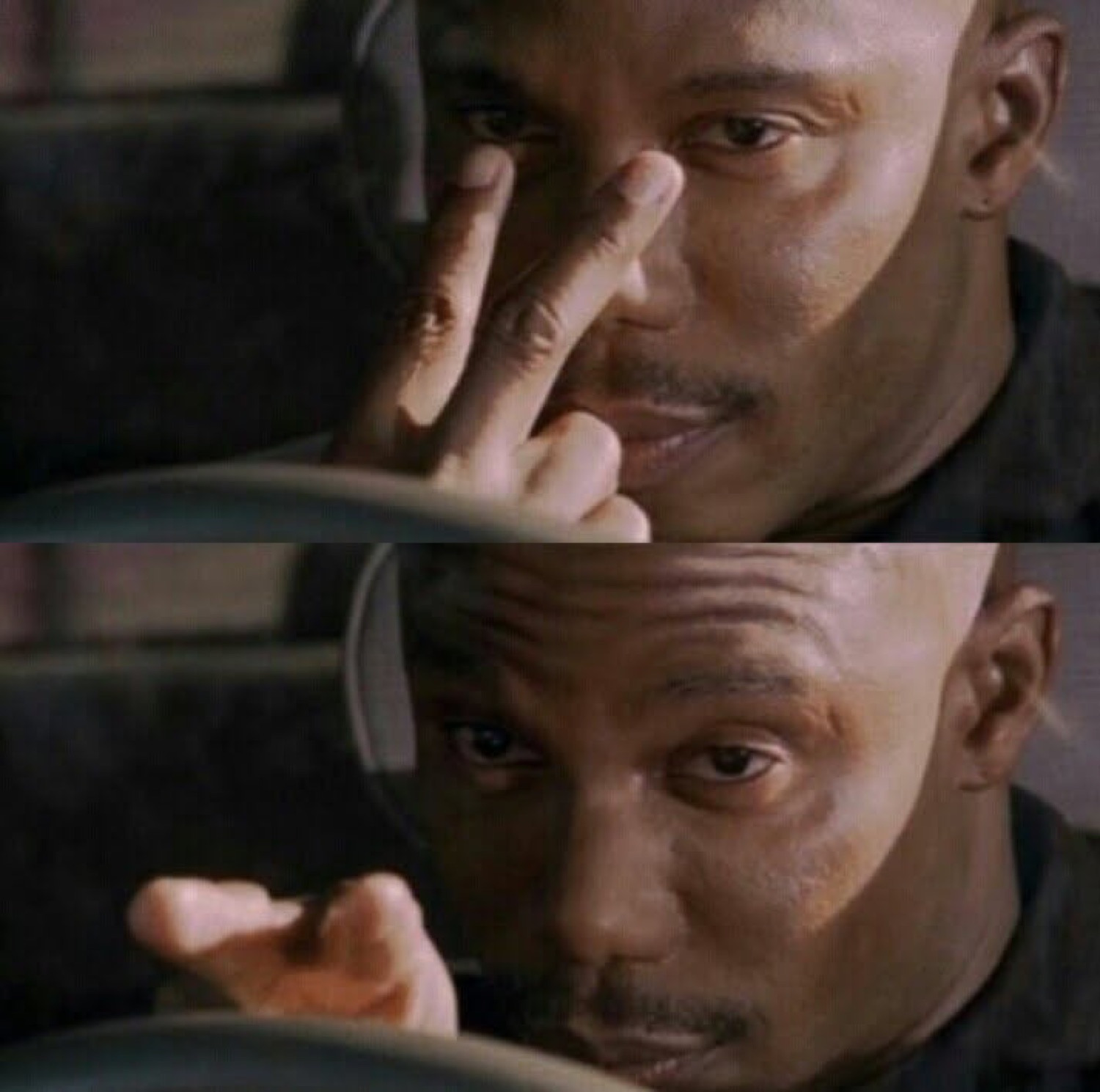 Two-panel Dave Chappelle doing the 'I'm watching you' eyes-to-you gesture