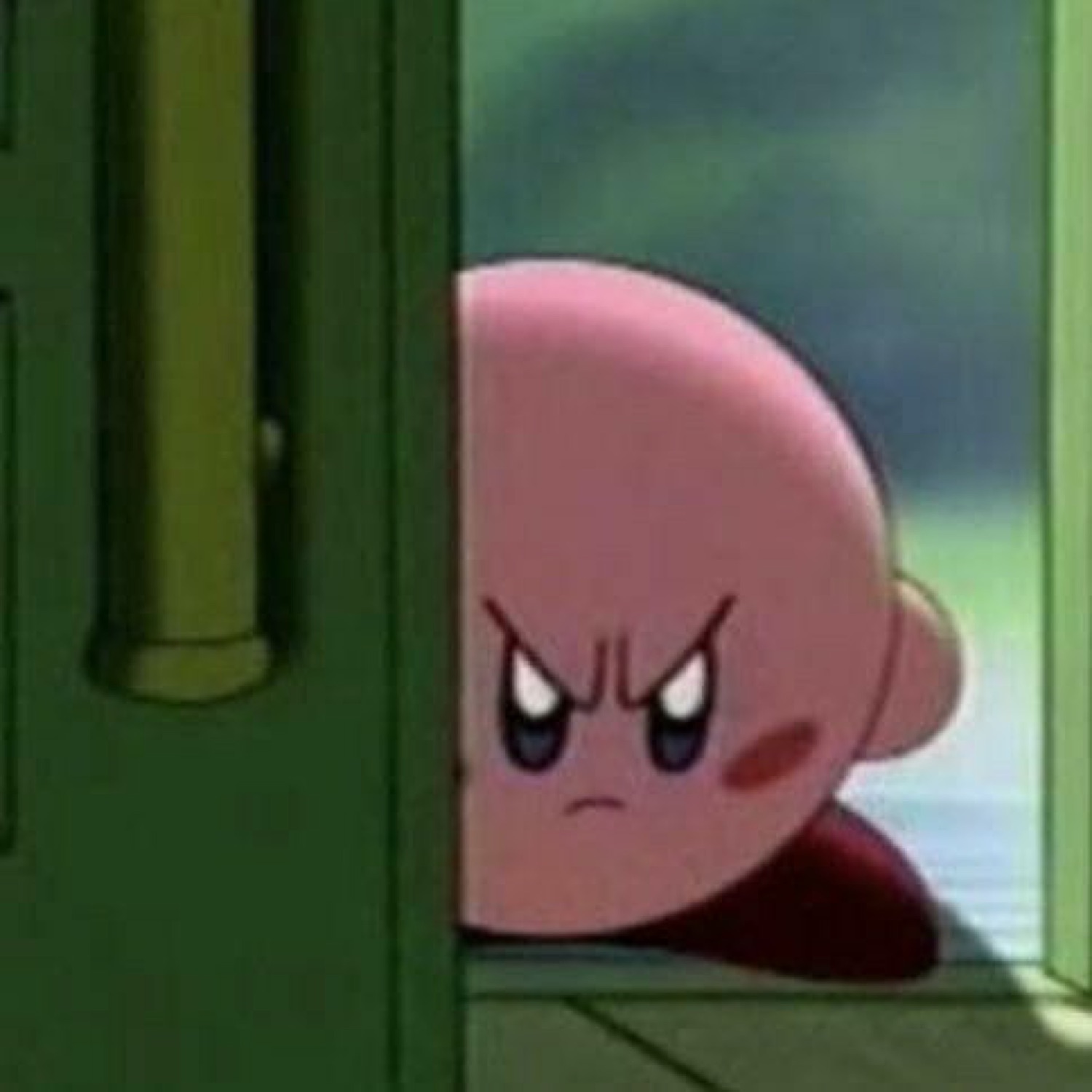 Kirby peeking around a doorway with an angry, glaring scowl