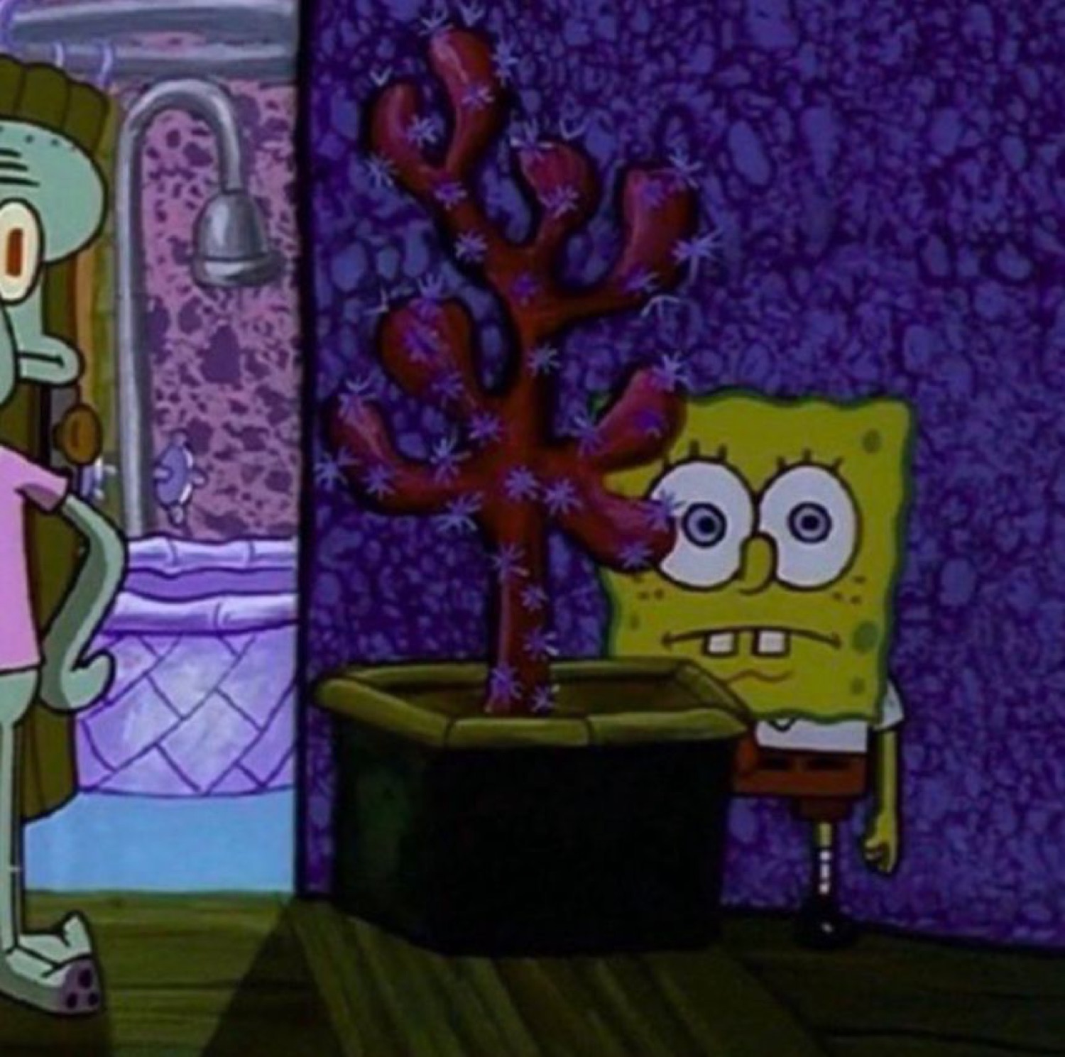 SpongeBob hiding behind a potted plant in Squidward's house, looking nervous