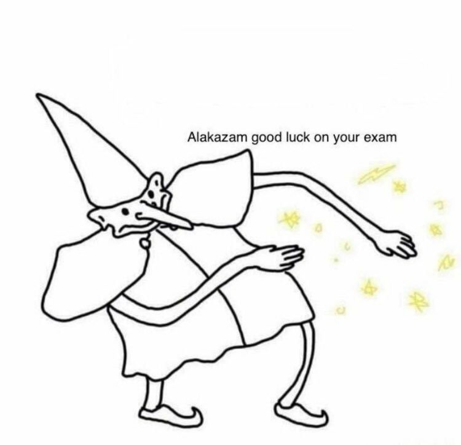 Doodle wizard casting sparkles: 'Alakazam good luck on your exam'