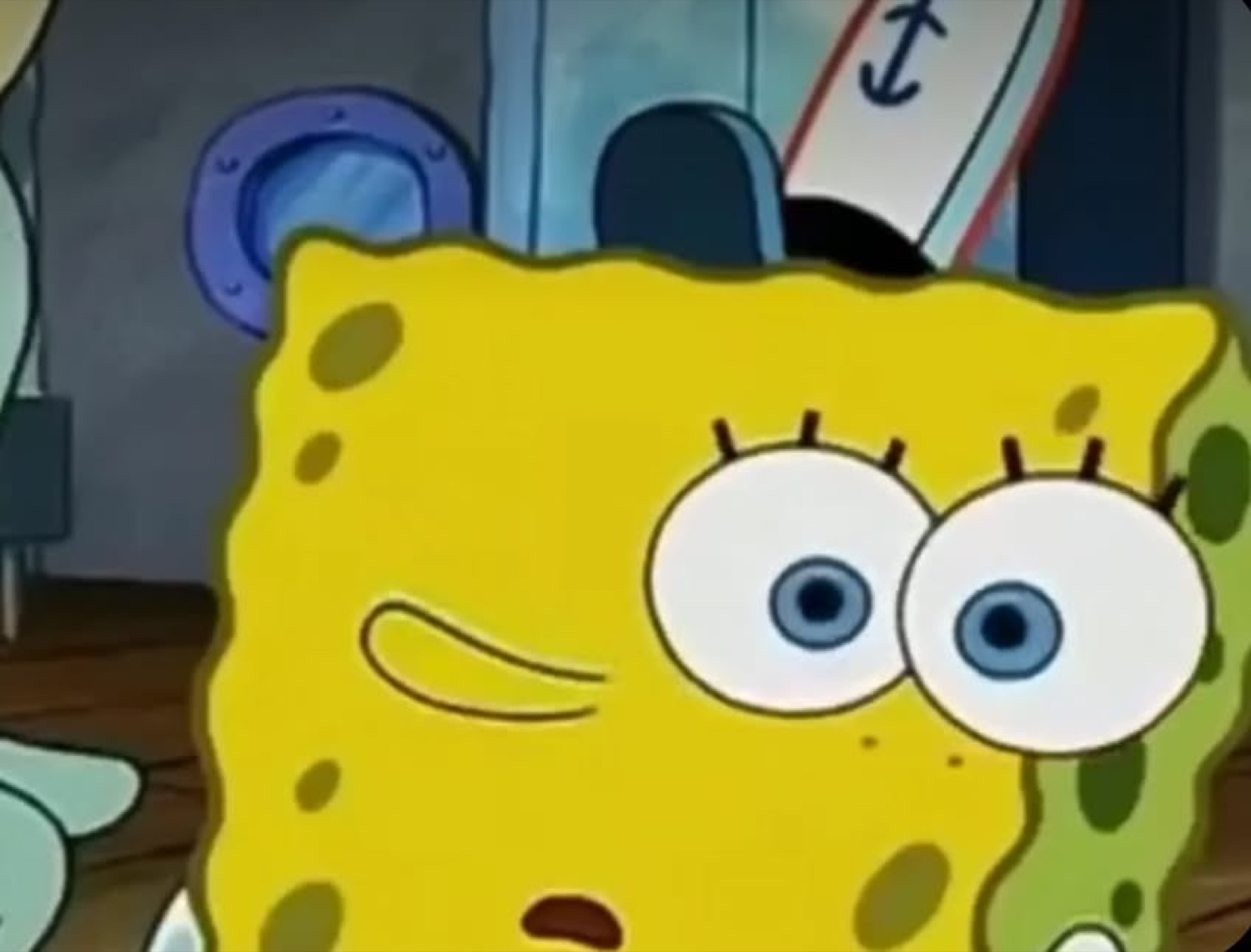 SpongeBob leaning in with a raised eyebrow and a heavy dose of side-eye