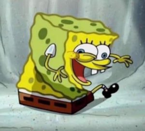 SpongeBob squatting with arms out, mouth flung wide open in excitement