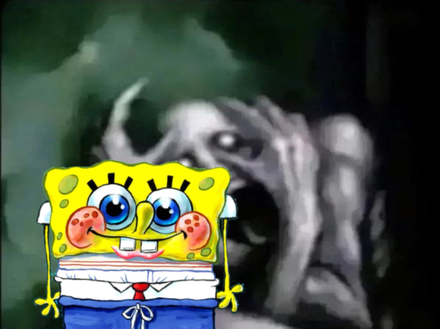 SpongeBob smiling awkwardly in the foreground while a terrifying screaming figure looms behind him