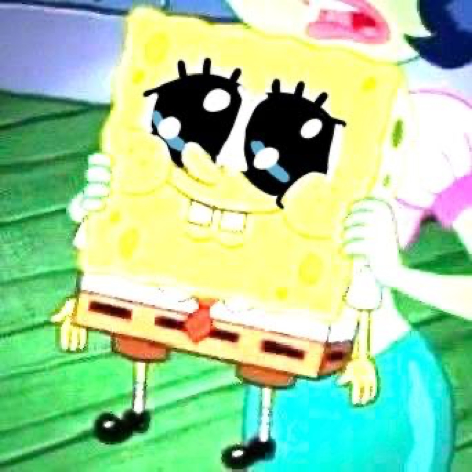 SpongeBob with enormous sparkling black eyes and a wide grin, barely containing his excitement