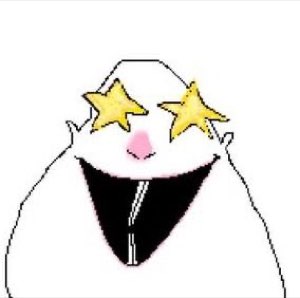 Minimalist blob character grinning wide with gold star eyes, thoroughly delighted