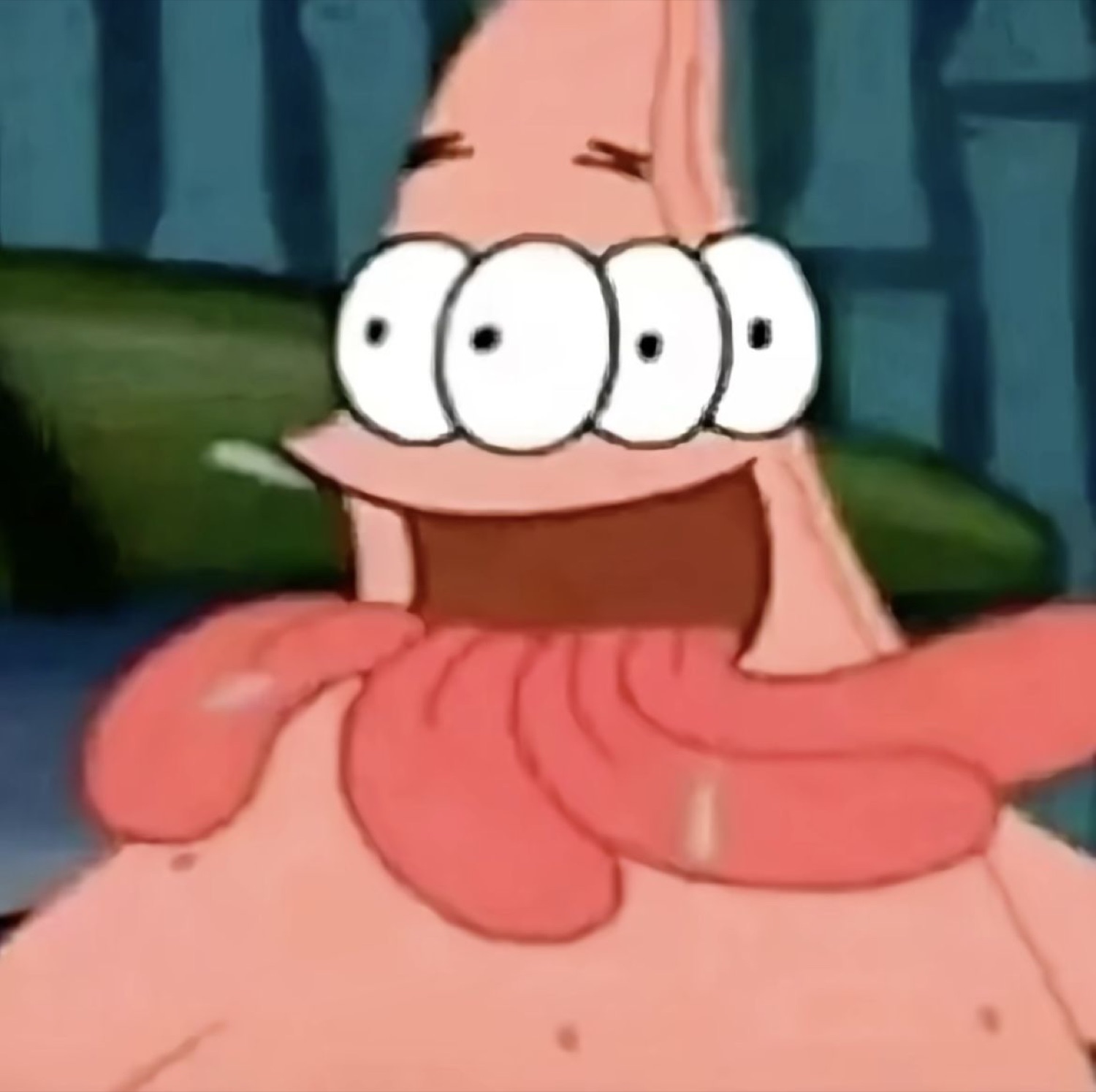Patrick Star with four bulging eyes and a giant open-mouthed grin