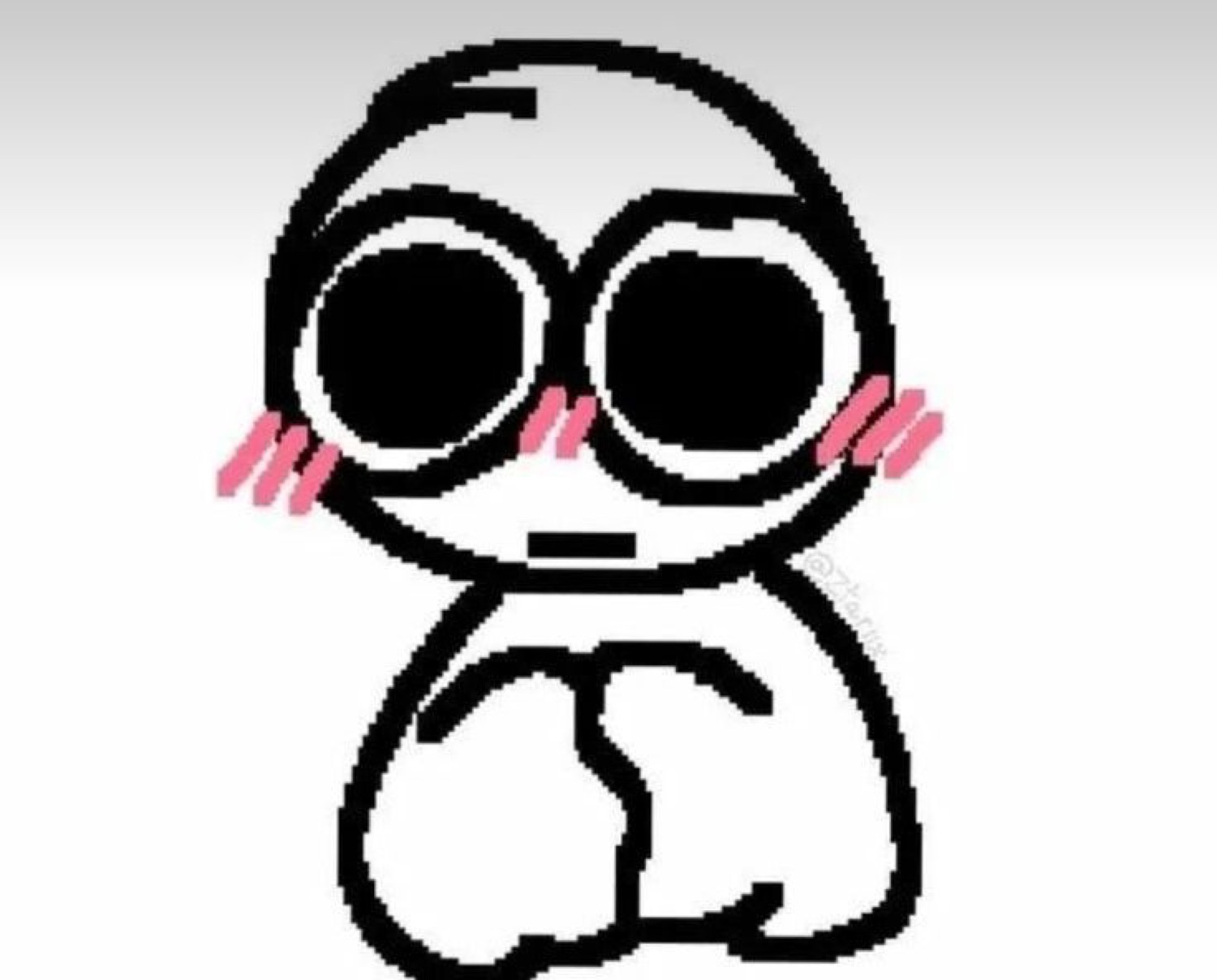 Doodled blob character with huge eyes and pink blush, hands shyly clasped