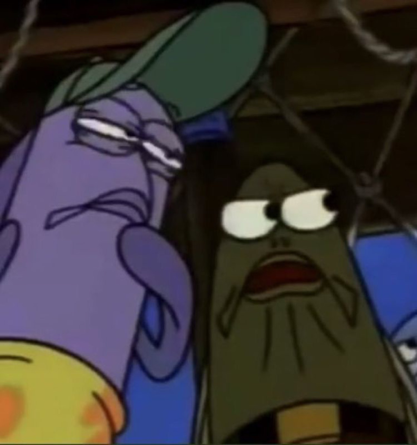 Two SpongeBob fish peering down with tired, deeply unimpressed faces