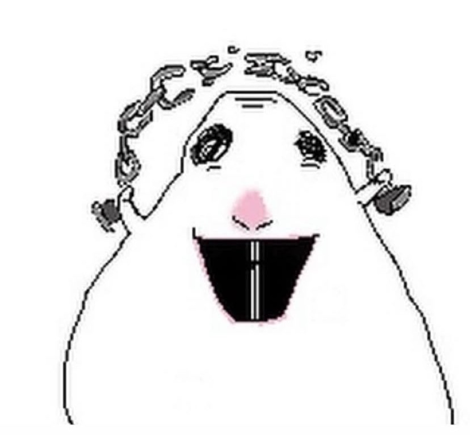 Same cartoon chain-wearing guinea pig character grinning widely with a big smile
