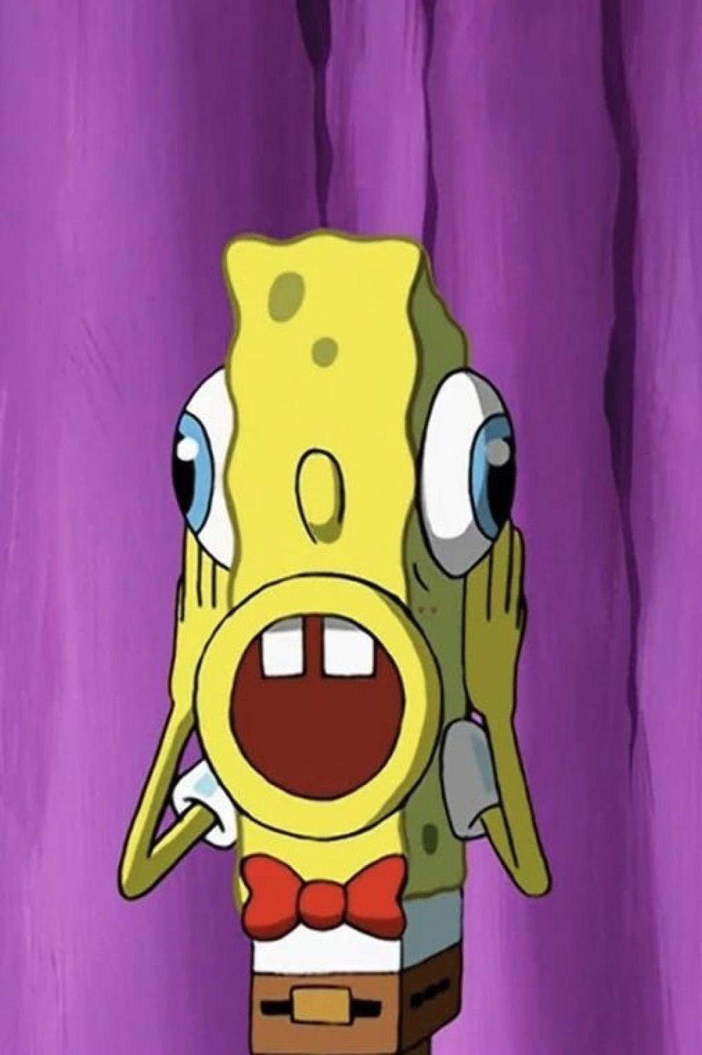SpongeBob with a stretched face and huge eyes, mid-panic scream against a purple backdrop