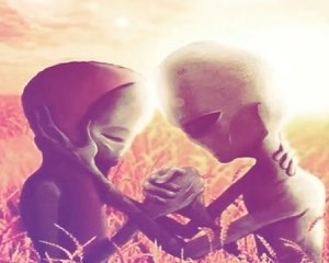 Two grey aliens embracing tenderly in a sunlit field, holding hands