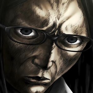Heavily shaded manga-style close-up of a glasses-wearing face glaring dead at you