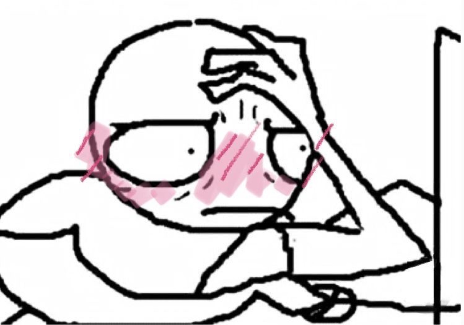 Scribbly cartoon face bright red and hiding behind a hand, thoroughly flustered