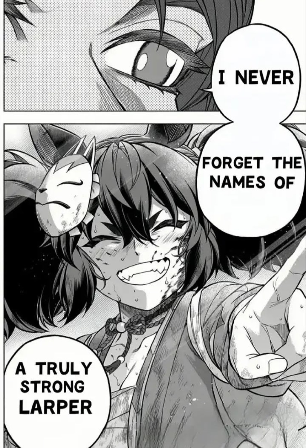 Manga panels: 'I NEVER FORGET THE NAMES OF A TRULY STRONG LARPER'