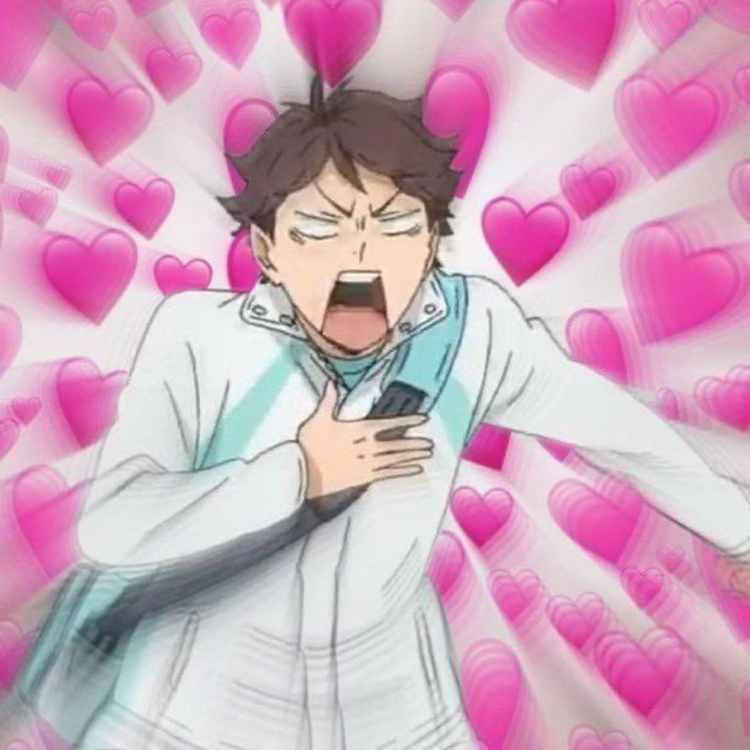 Anime boy clutching his chest and screaming, surrounded by pink hearts