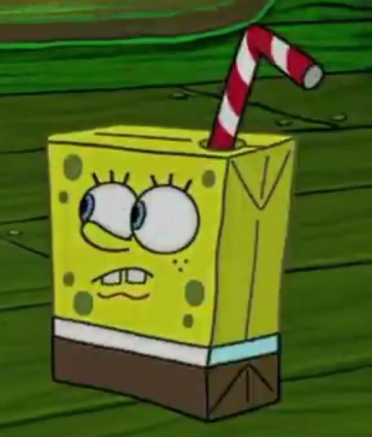 Cartoon SpongeBob as a juice box, wide-eyed and nervously biting his lip