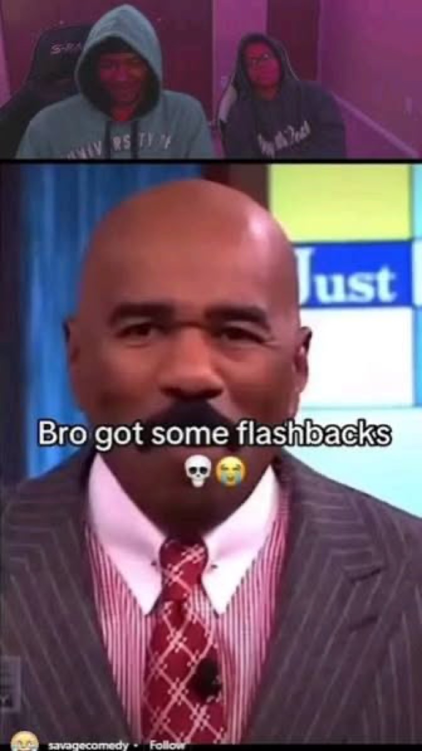Steve Harvey wincing in pained disbelief, captioned 'Bro got some flashbacks'
