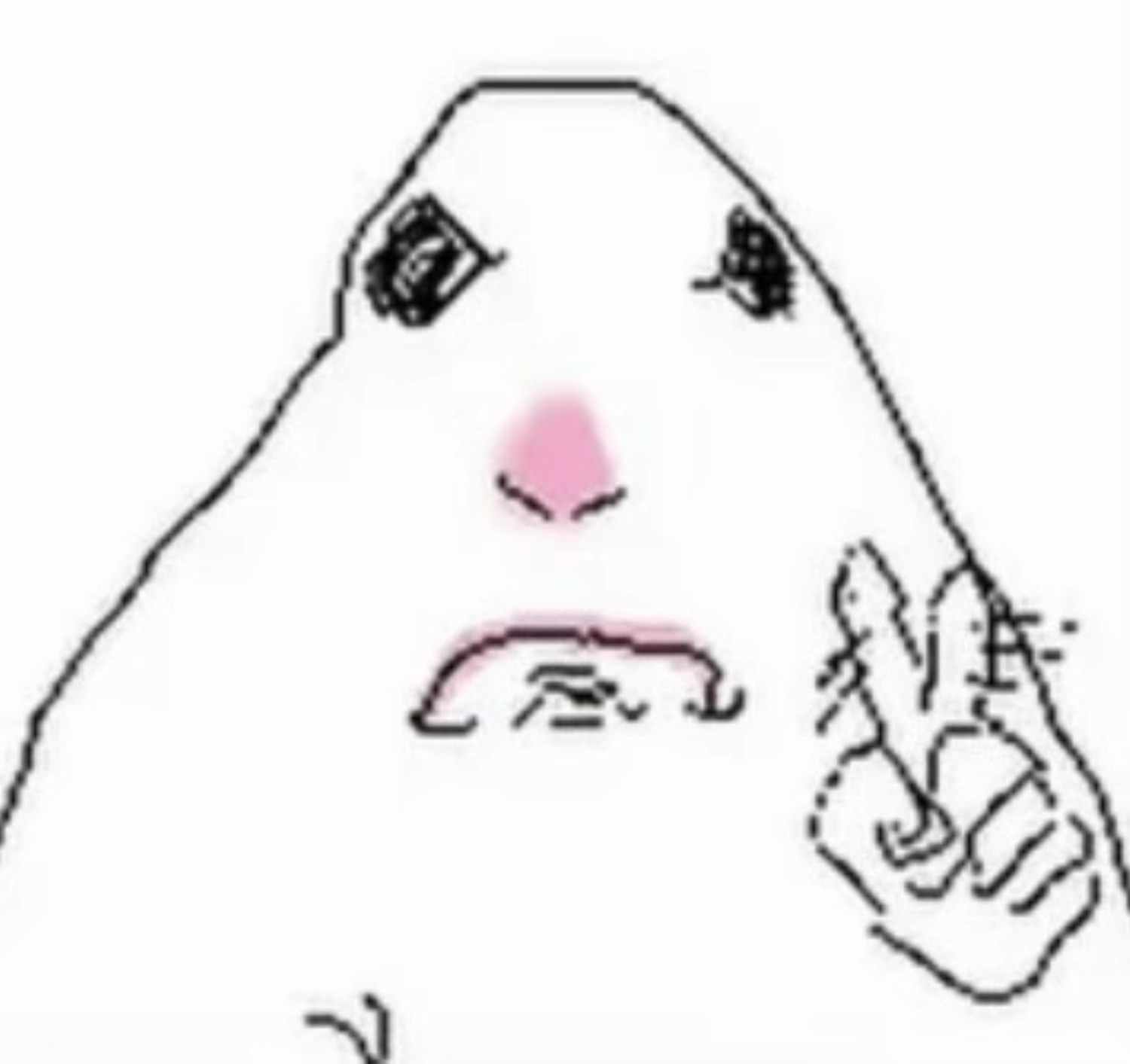 White blob doodle grimacing while making a hesitant little pointing gesture