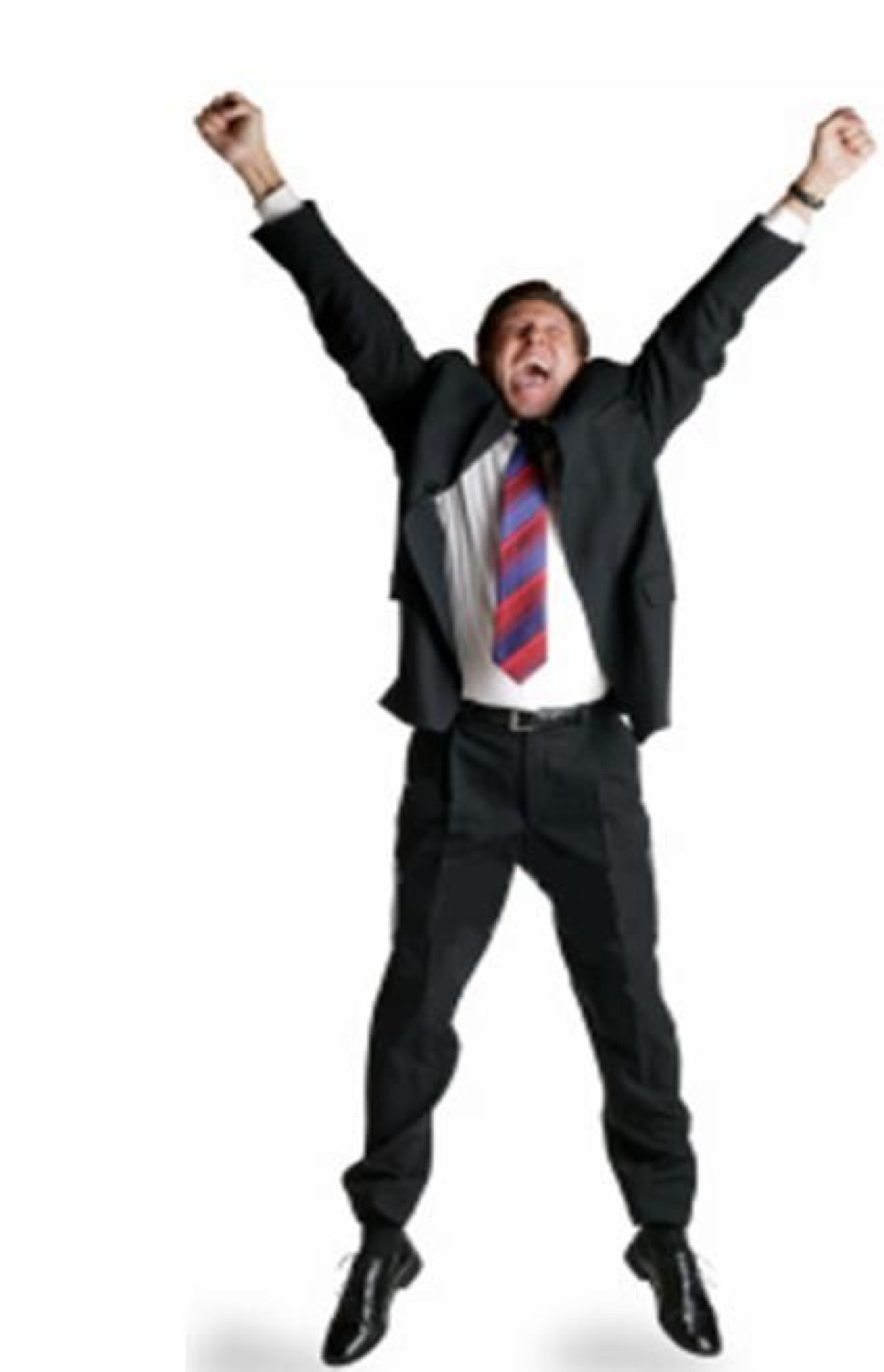 Man in a suit jumping in the air with fists raised and mouth open in triumph