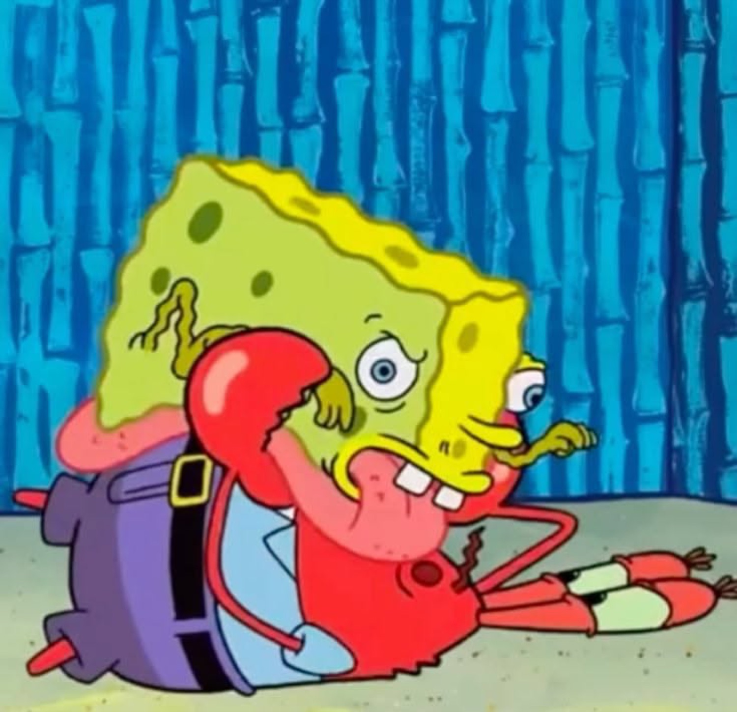 SpongeBob frantically clinging to Mr. Krabs with wild wide eyes