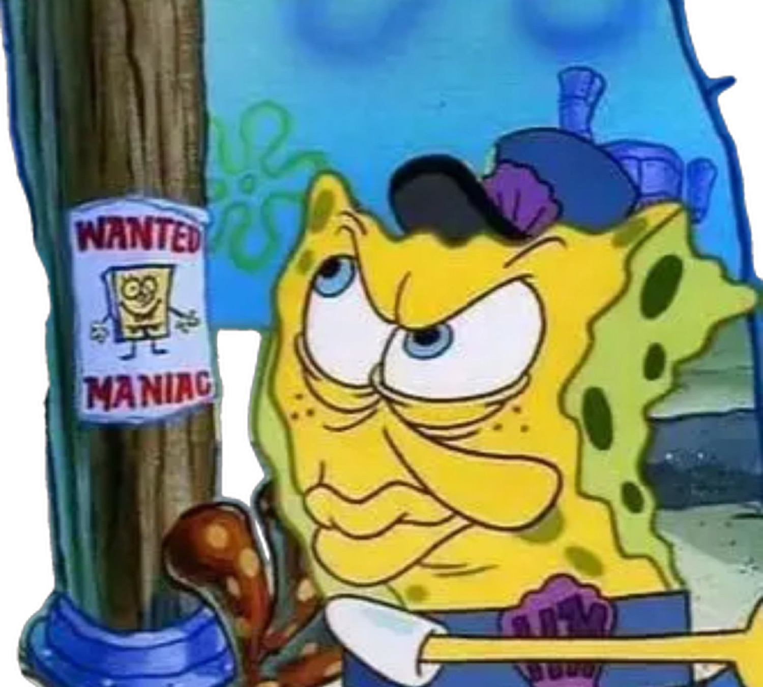 SpongeBob smirking beside a 'WANTED MANIAC' poster of himself