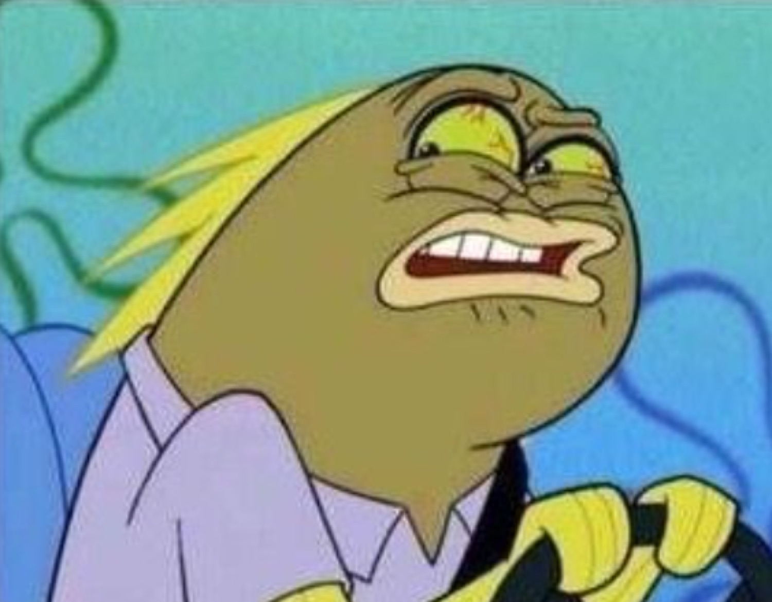 SpongeBob fish character with slicked-back blond hair and a condescending smirk in a suit