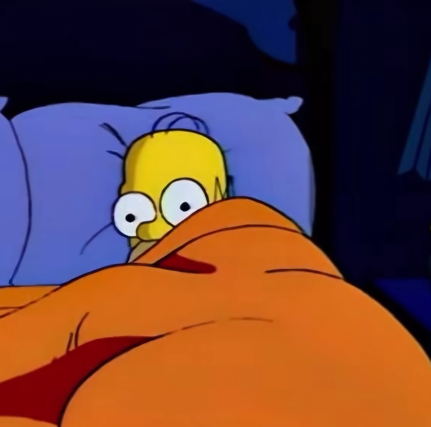 Homer Simpson wide awake in bed, peeking terrified over the blanket