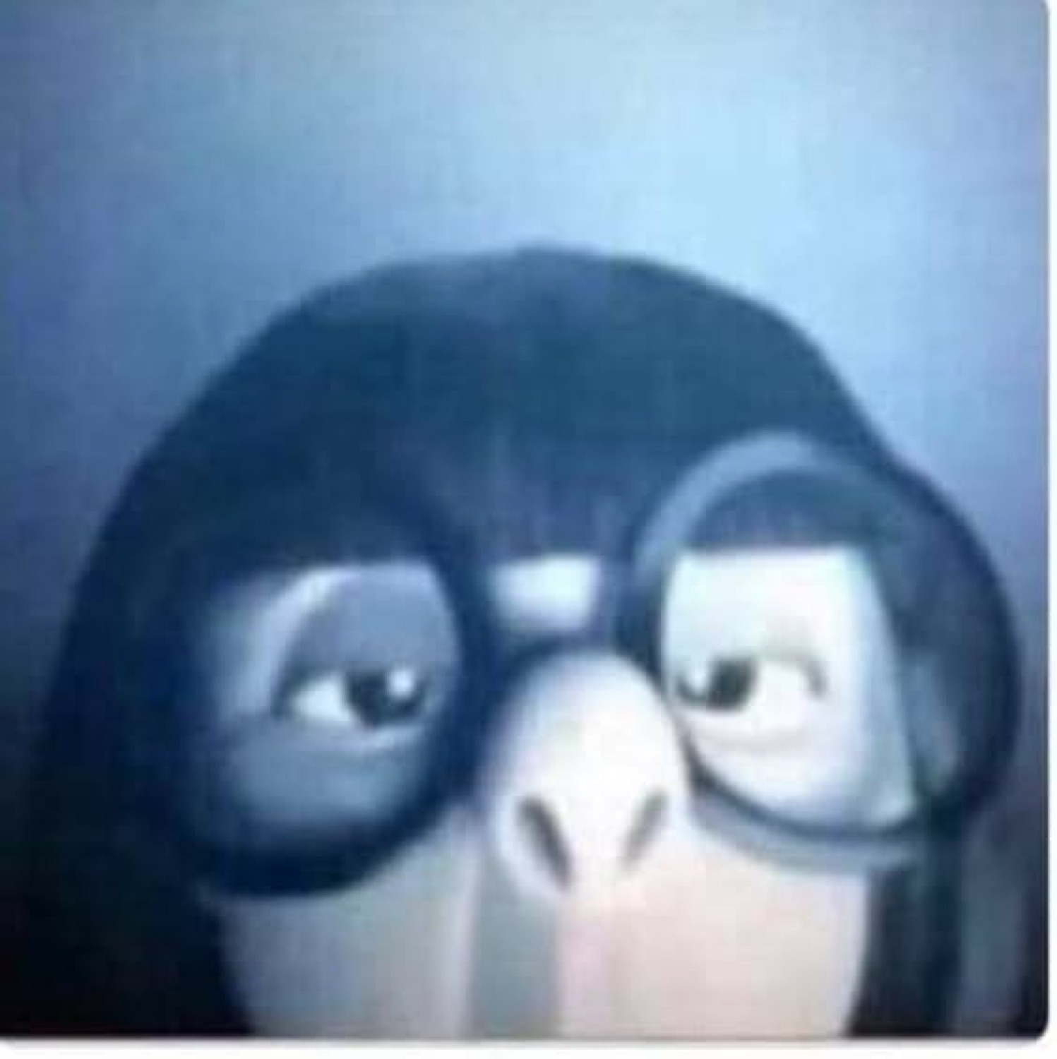 Blue-tinted cartoon character in giant round glasses throwing a heavy side-eye